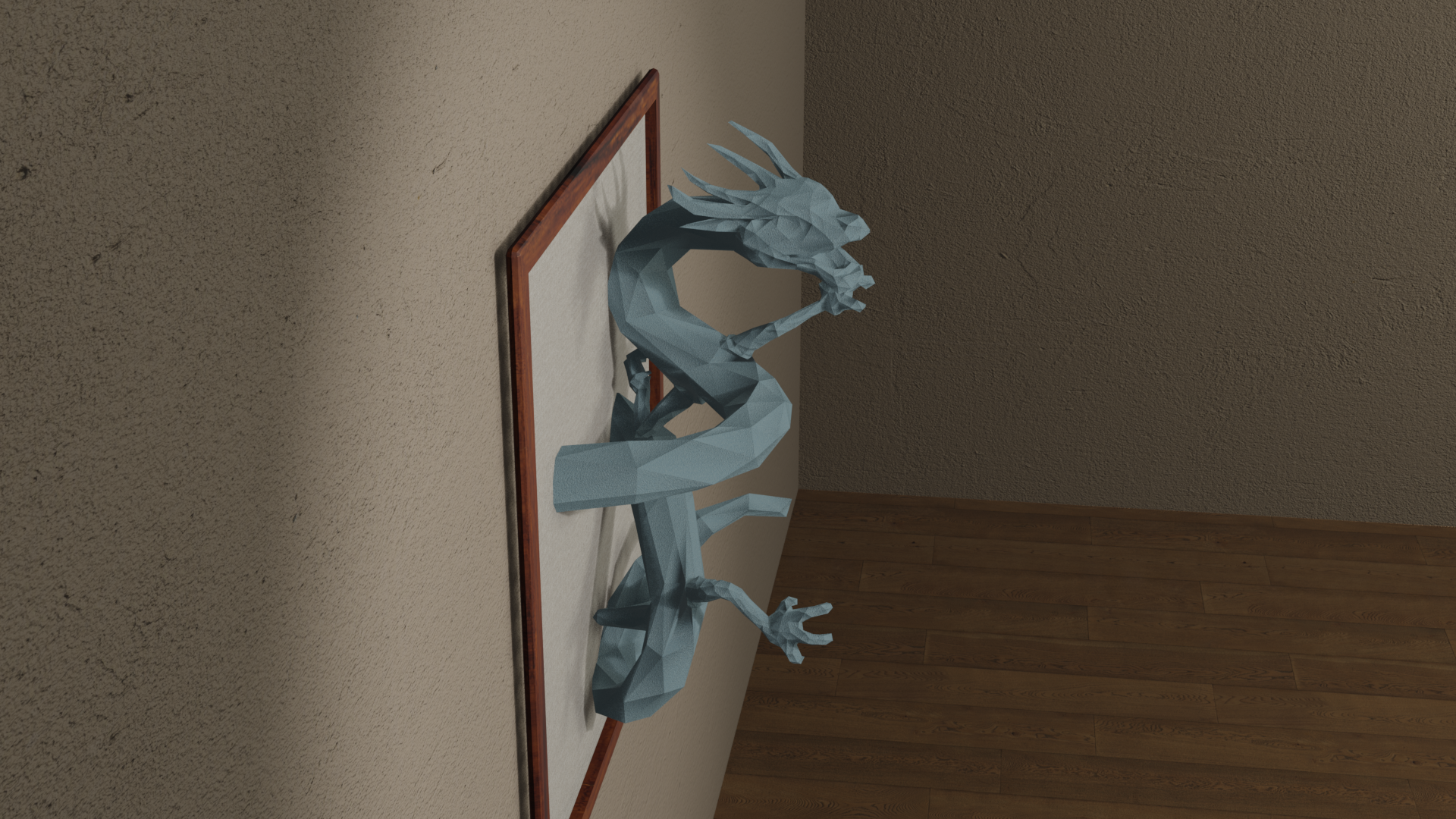 Image of a low poly dragon in a frame on a wall, realized with Blender
