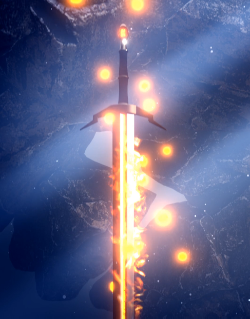 Image of a flaming sword inside a rock, realized with Blender